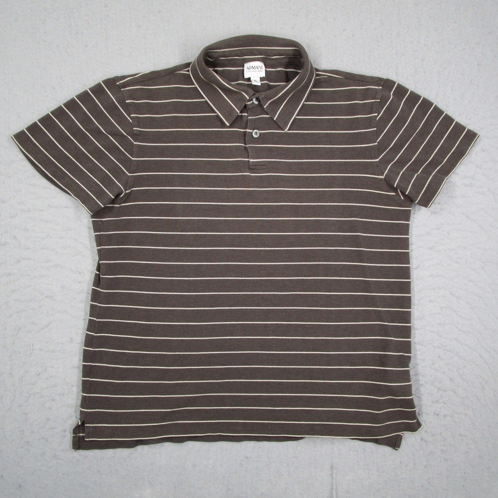 Armani Collezioni Mens XL Brown Striped Silk Cotton Polo Shirt Short Sleeve Luxe